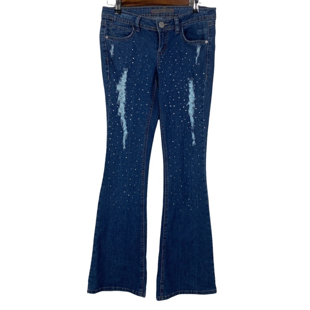 Material Girl Sparkly‎ Rhinestone Distressed Tall Flare Jeans Women's Junior 7